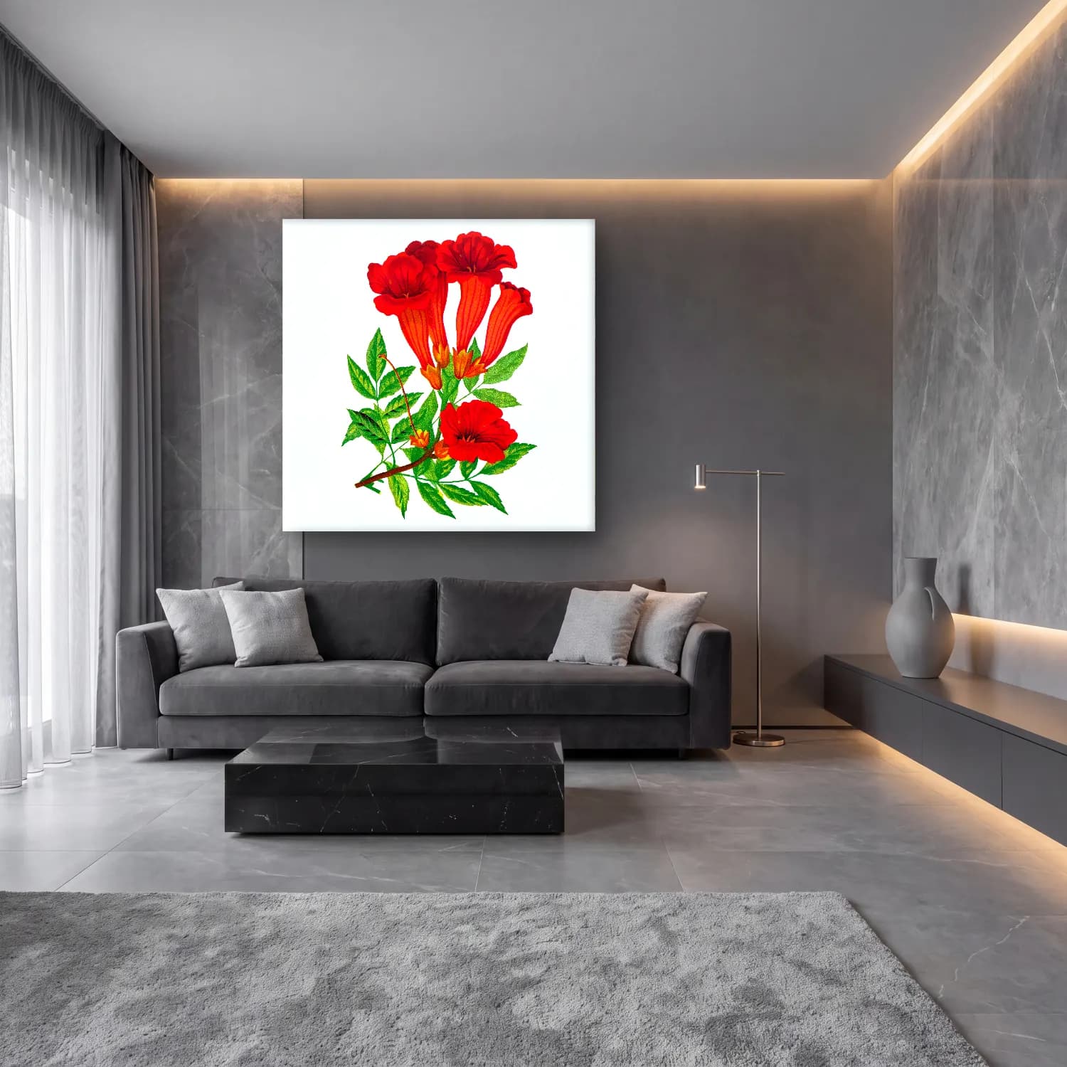 Botanik İllüstrasyon Çiçek Deseni No. 106 cam tablo — lüks salon duvarında