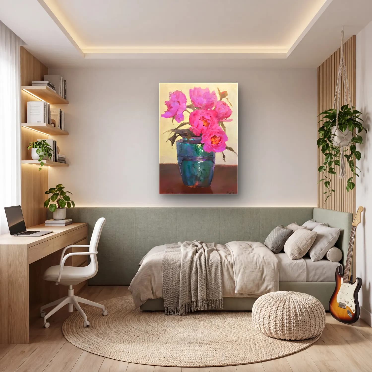 Yağlı Boya Pembe Şakayıklar No. 12 cam tablo — genç odasında