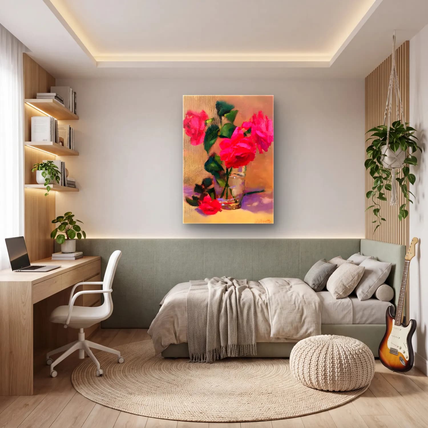 Yağlı Boya Güller No. 28 cam tablo — genç odasında