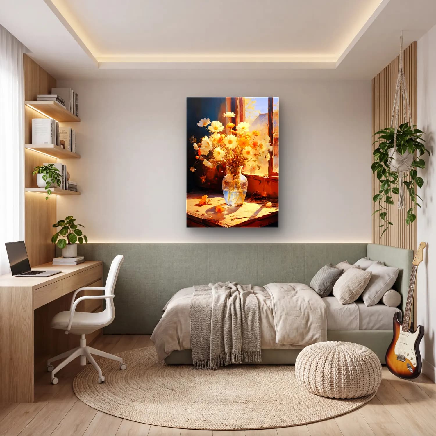 Yağlı Boya Vazoda Çiçek Buketi No. 19 cam tablo — genç odasında
