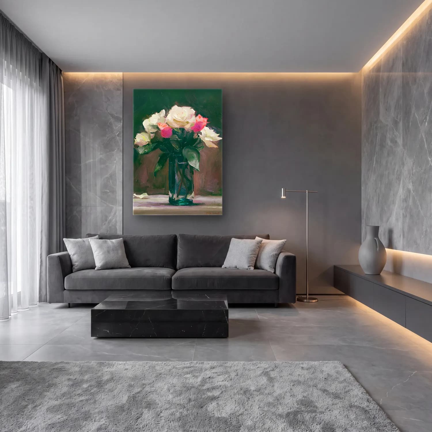 Yağlı Boya Güller No. 31 cam tablo — lüks salon duvarında