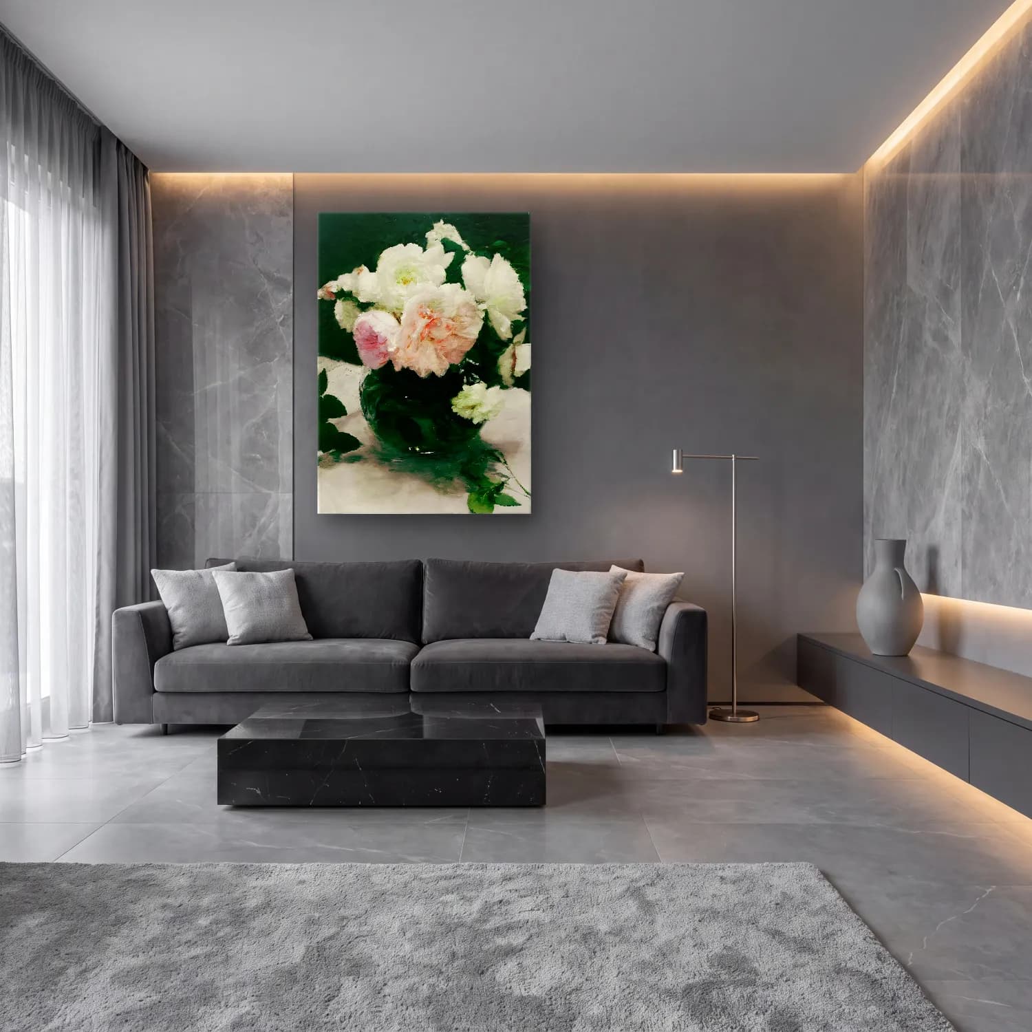 Empresyonist Pembe Şakayıklar No. 4 cam tablo — lüks salon duvarında
