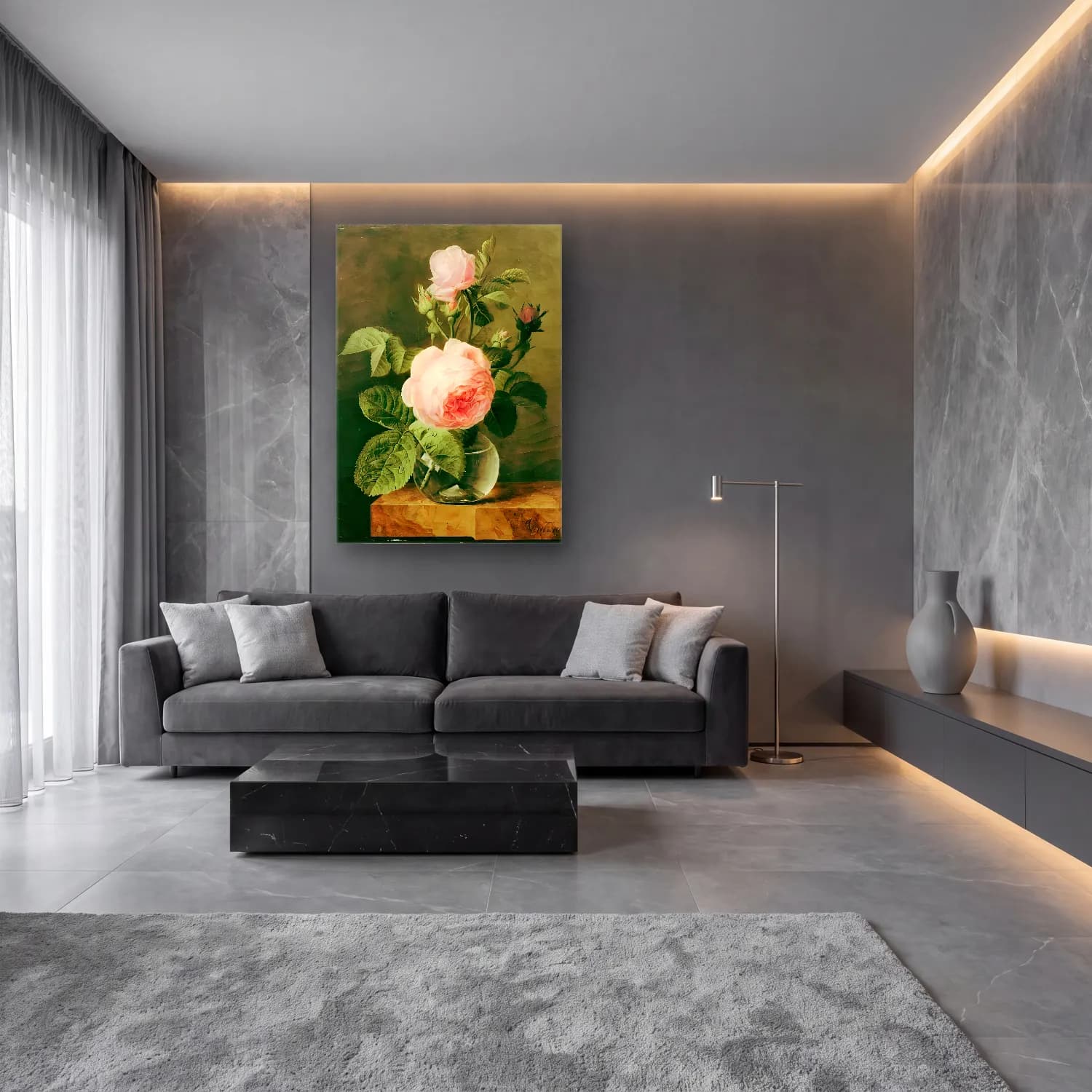 Yağlı Boya Güller No. 35 cam tablo — lüks salon duvarında