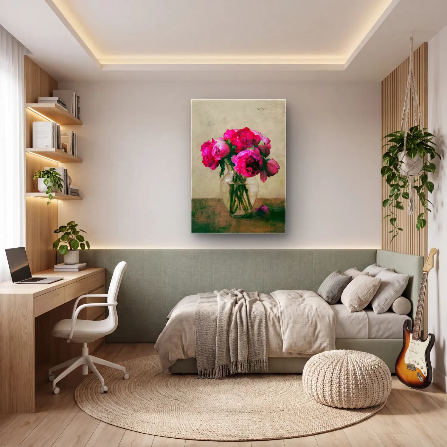 Yağlı Boya Pembe Şakayıklar No. 13 cam tablo — genç odasında