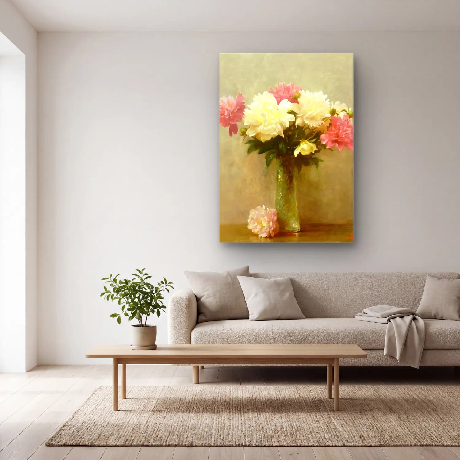Empresyonist Vazoda Çiçek Buketi No. 18 cam tablo — açık renk salonda