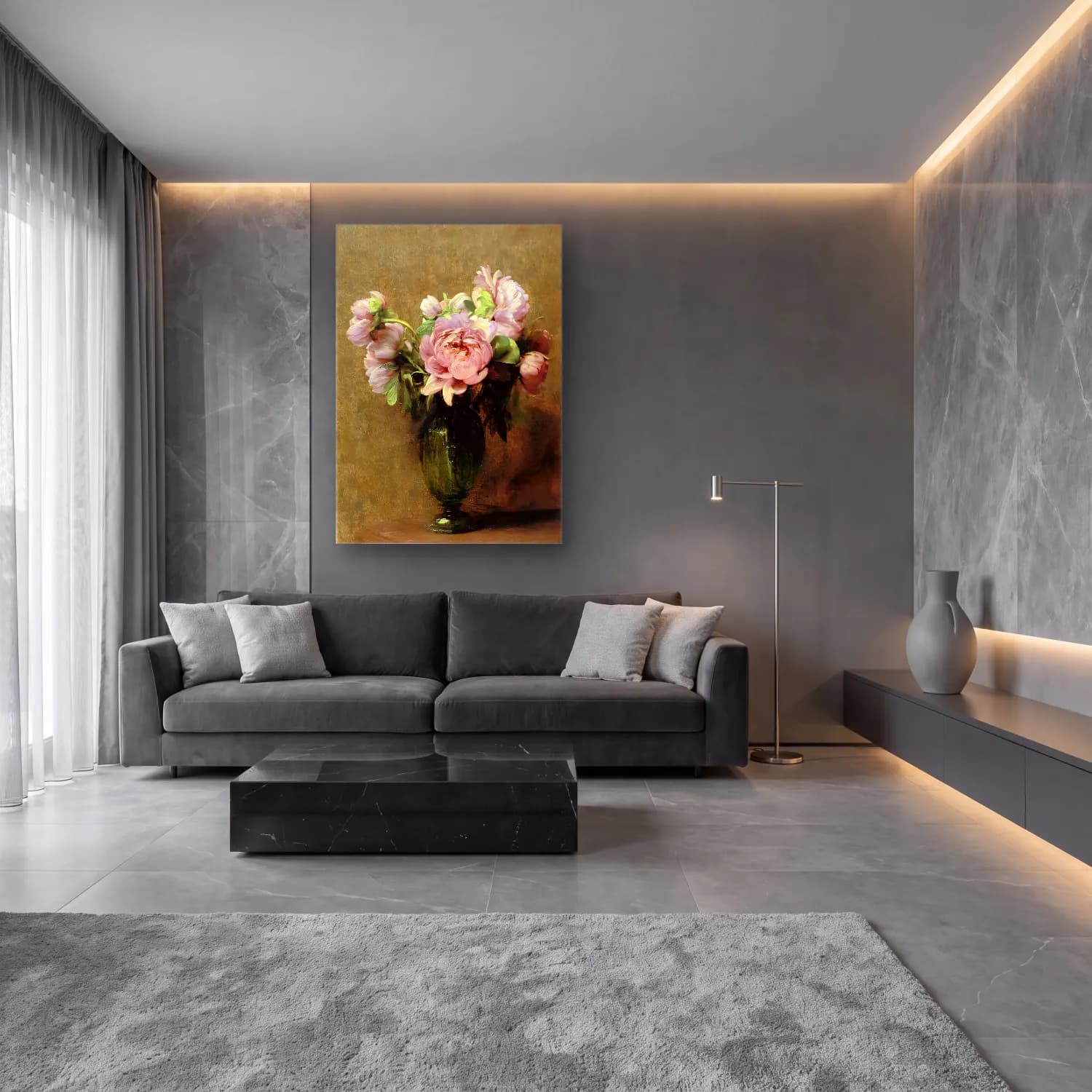 Empresyonist Pembe Şakayıklar No. 6 cam tablo — lüks salon duvarında