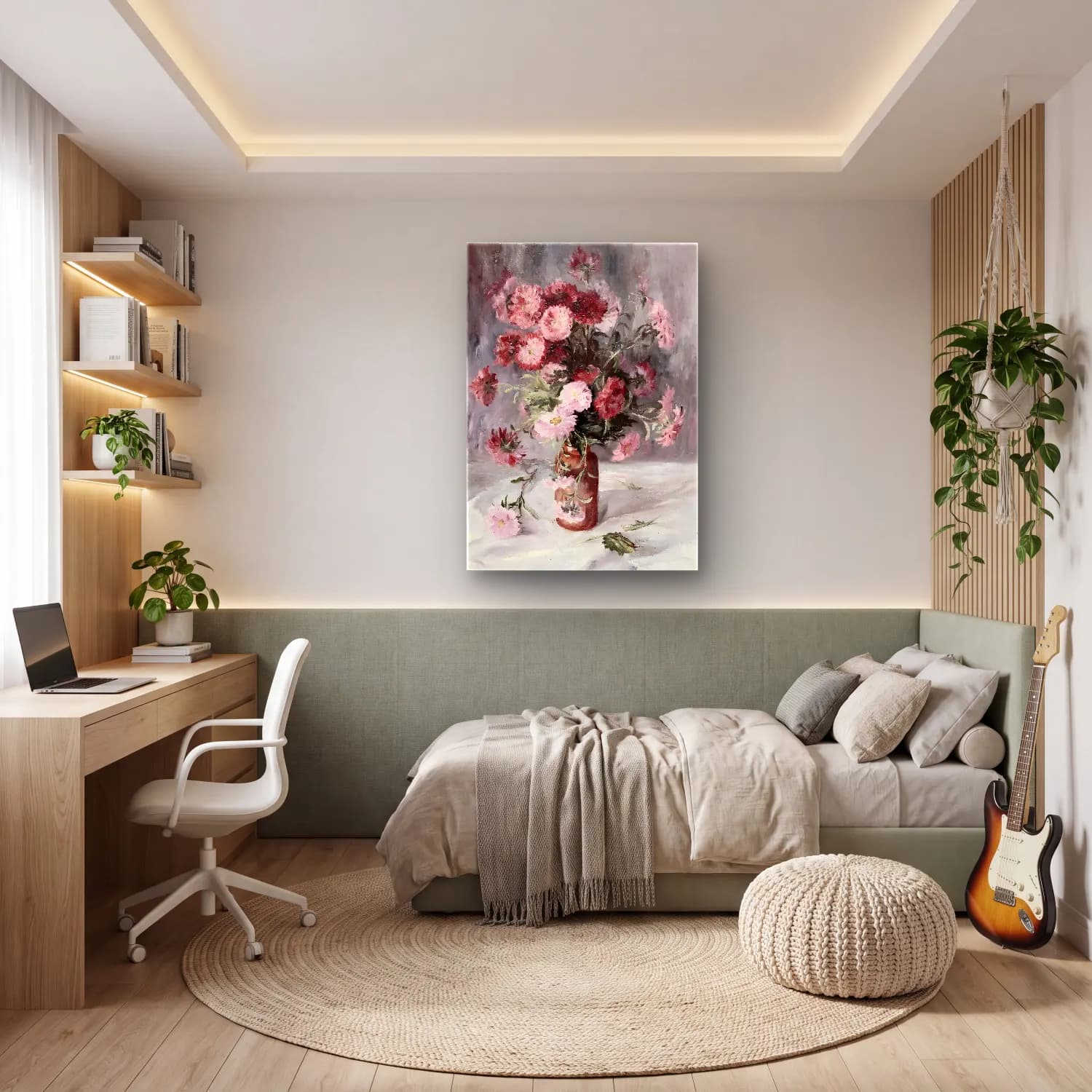 Yağlı Boya Vazoda Çiçek Buketi No. 28 cam tablo — genç odasında