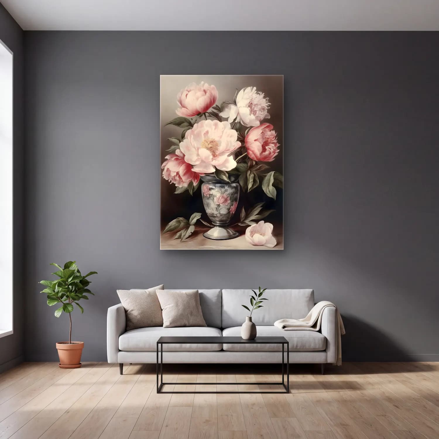 Pastel Pembe Şakayıklar No. 6 cam tablo — gri duvarlı salonda