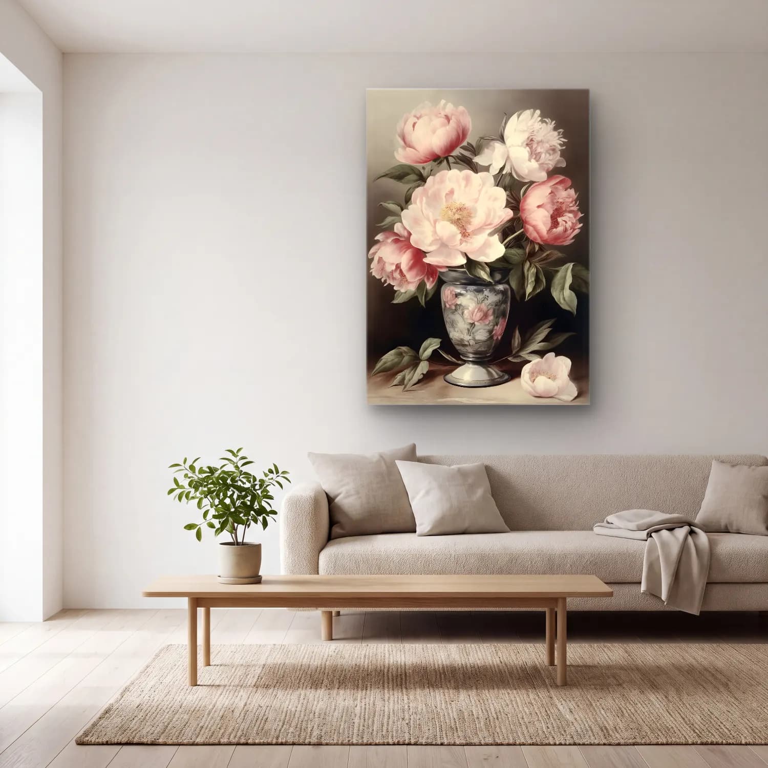 Pastel Pembe Şakayıklar No. 6 cam tablo — açık renk salonda