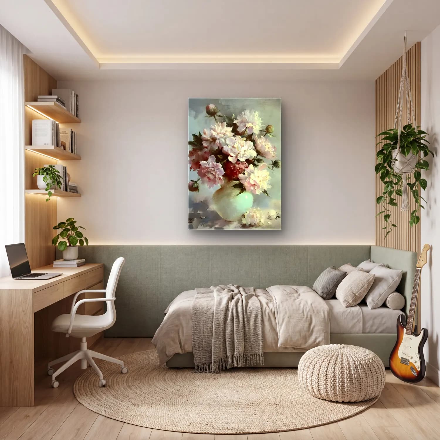 Yağlı Boya Pembe Şakayıklar No. 15 cam tablo — genç odasında