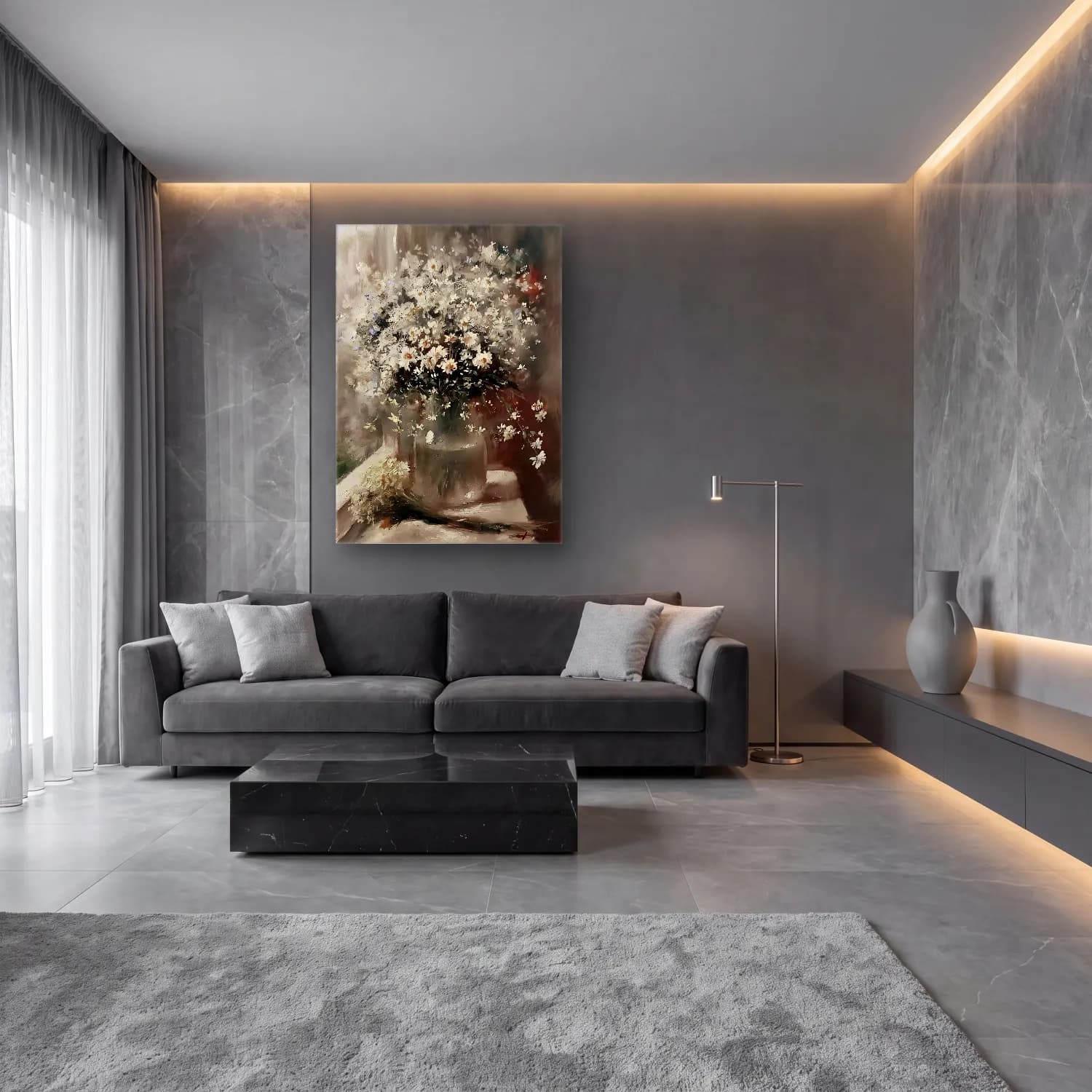Yağlı Boya Vazoda Çiçek Buketi No. 31 cam tablo — lüks salon duvarında