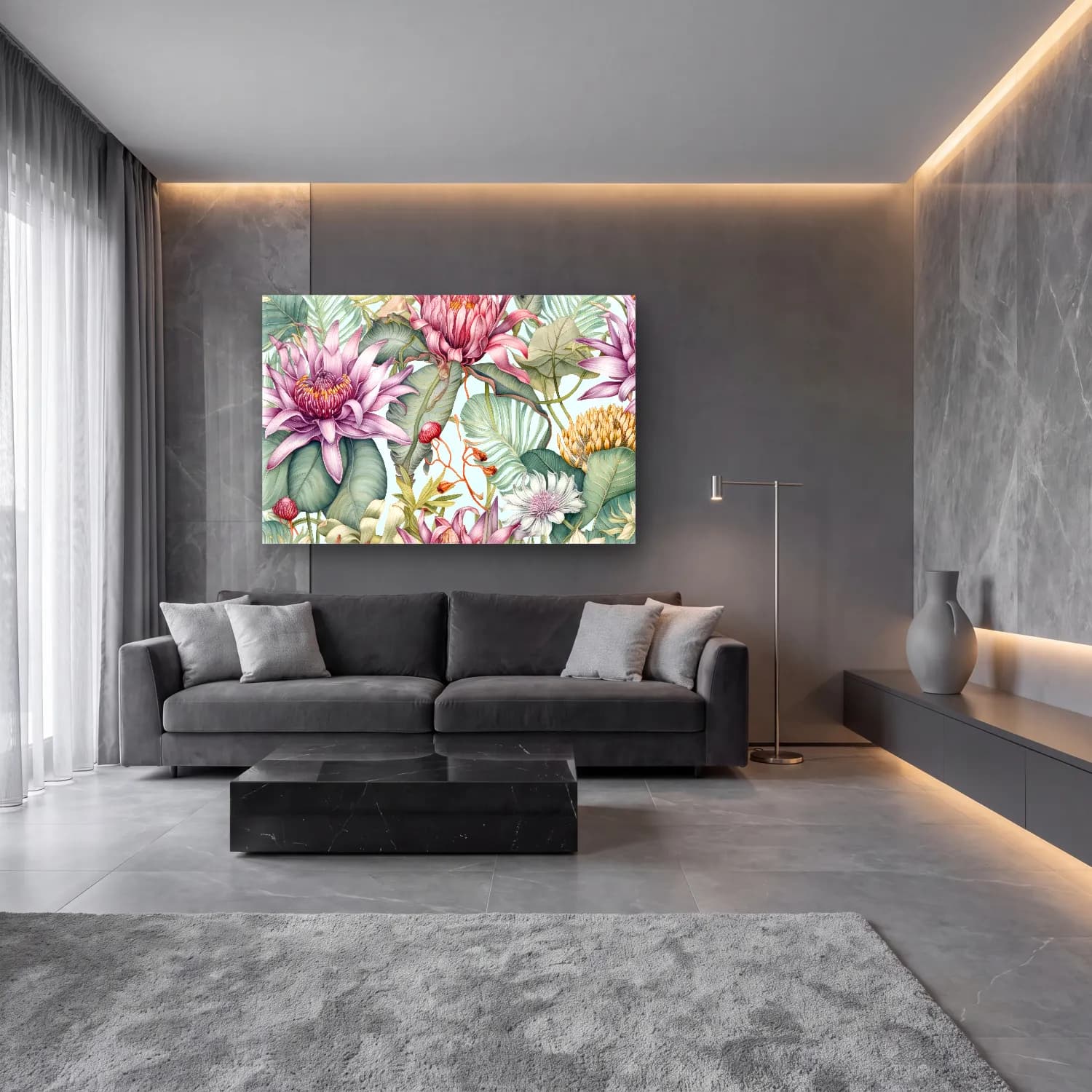 Botanik İllüstrasyon Lotus Çiçekleri No. 18 cam tablo — lüks salon duvarında