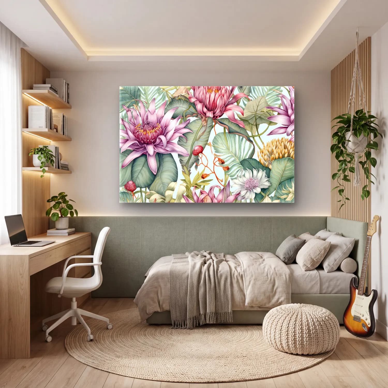 Botanik İllüstrasyon Lotus Çiçekleri No. 18 cam tablo — genç odasında