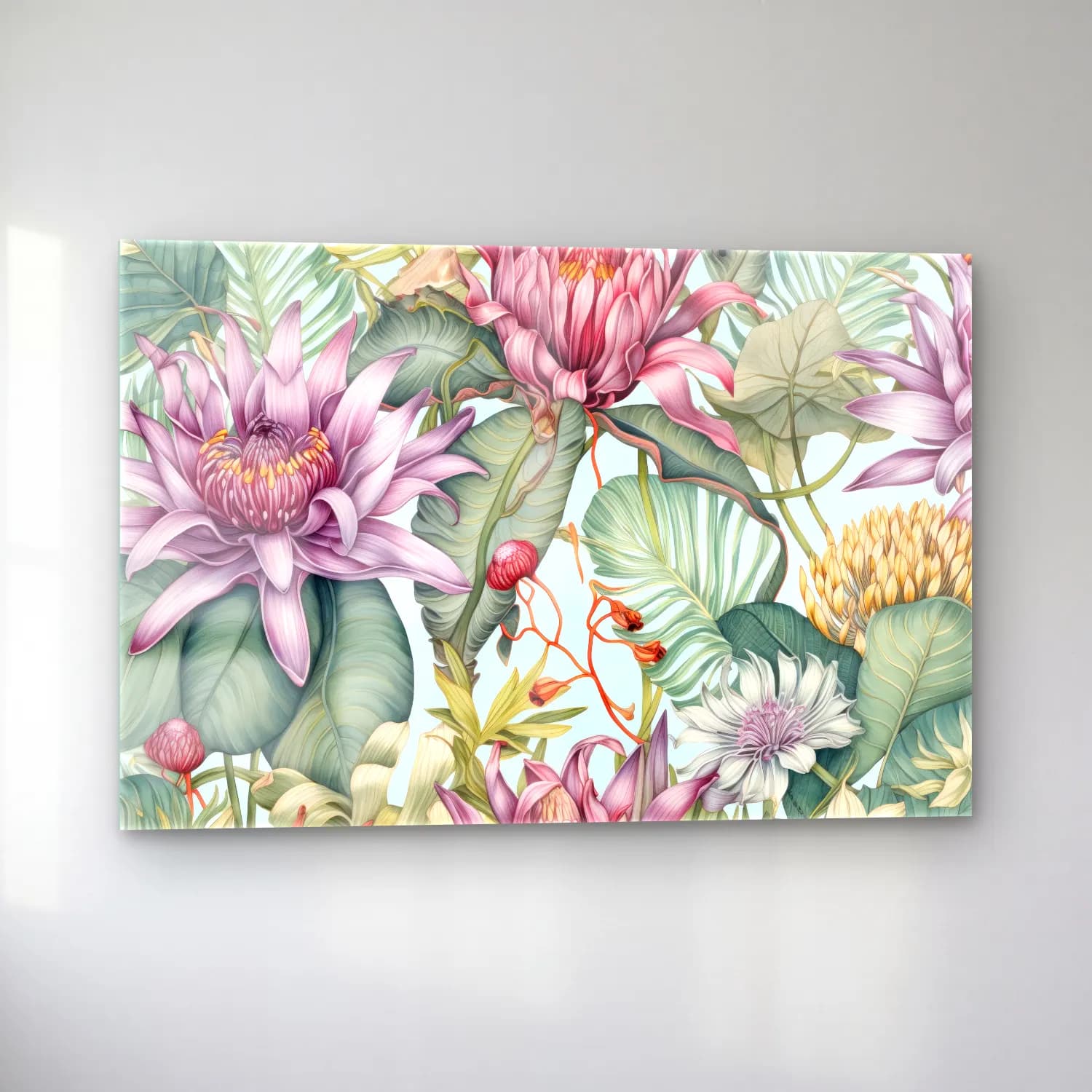 Botanik İllüstrasyon Lotus Çiçekleri No. 18 cam tablo — sol açıdan görünüm
