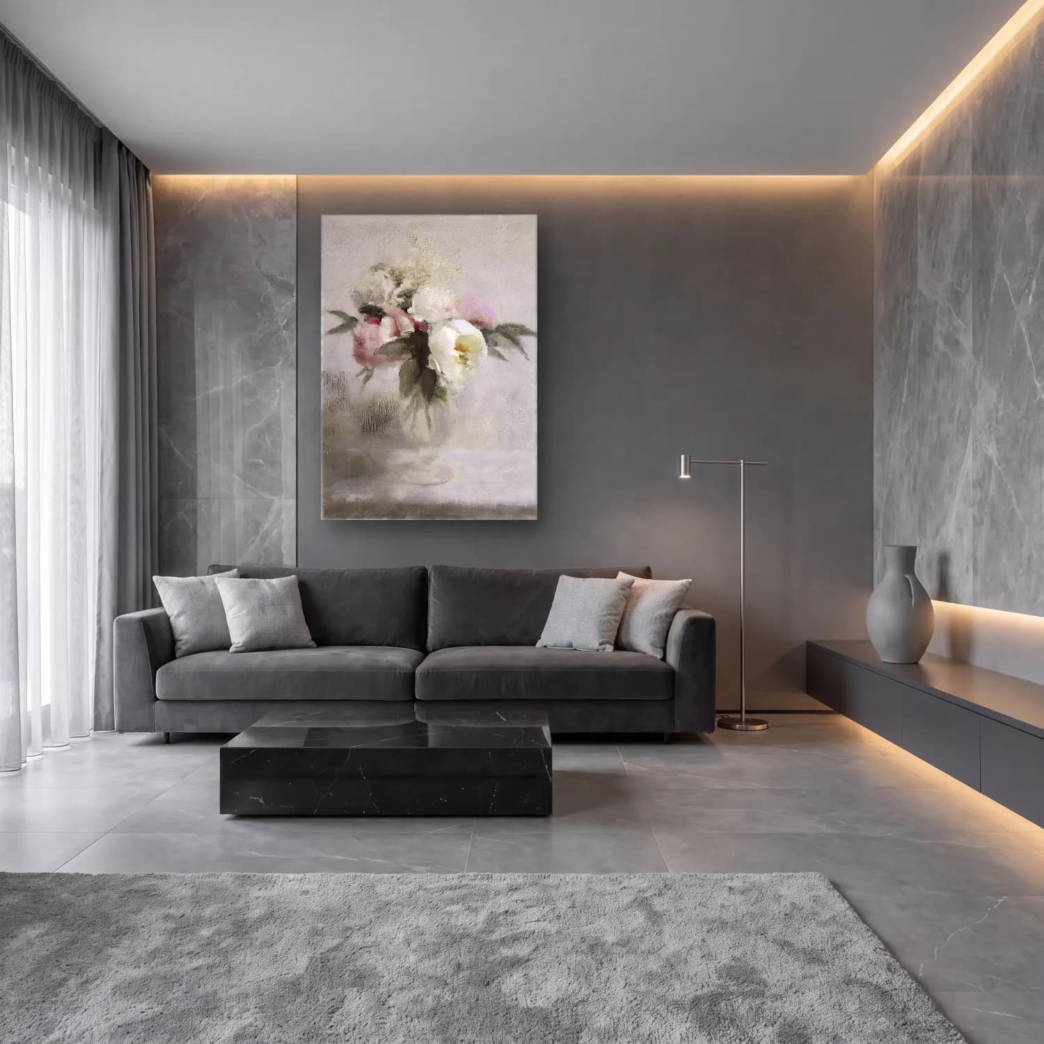 Yağlı Boya Vazoda Çiçek Buketi No. 32 cam tablo — lüks salon duvarında