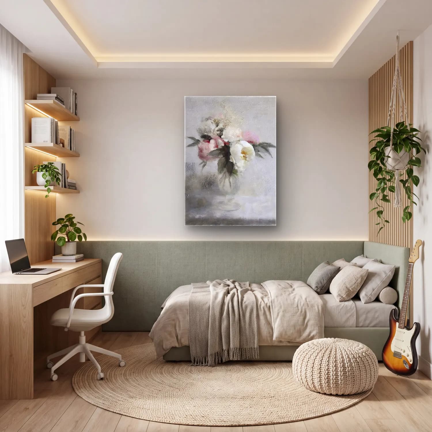 Yağlı Boya Vazoda Çiçek Buketi No. 32 cam tablo — genç odasında