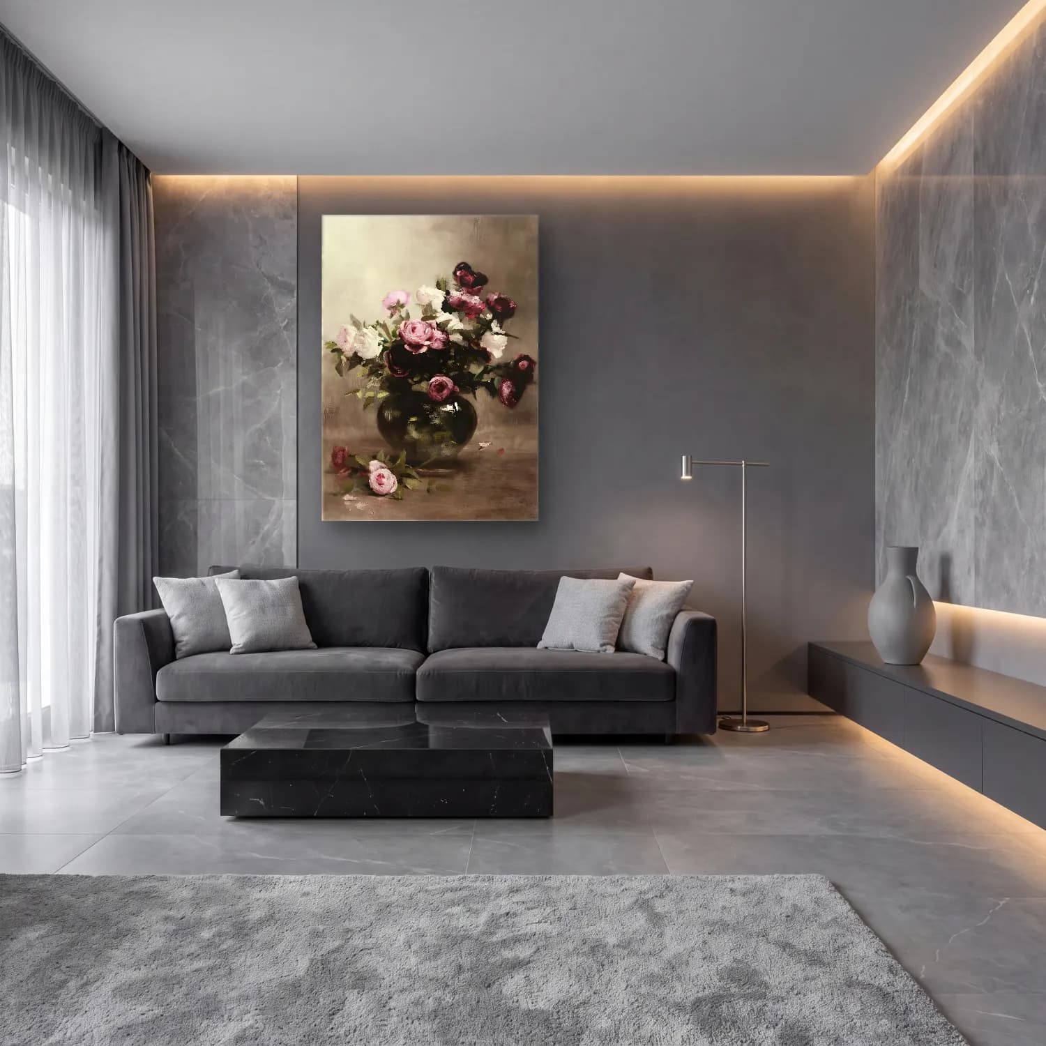 Yağlı Boya Güller No. 49 cam tablo — lüks salon duvarında