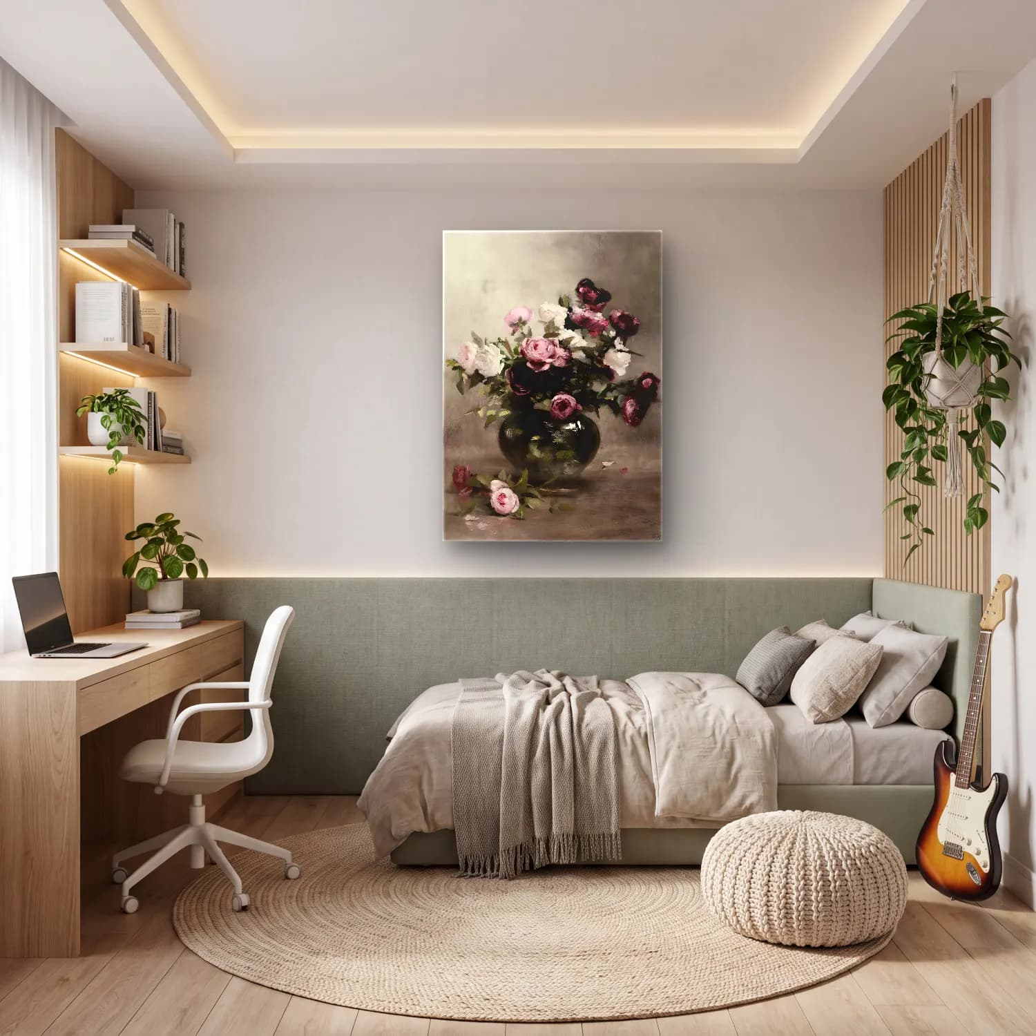 Yağlı Boya Güller No. 49 cam tablo — genç odasında