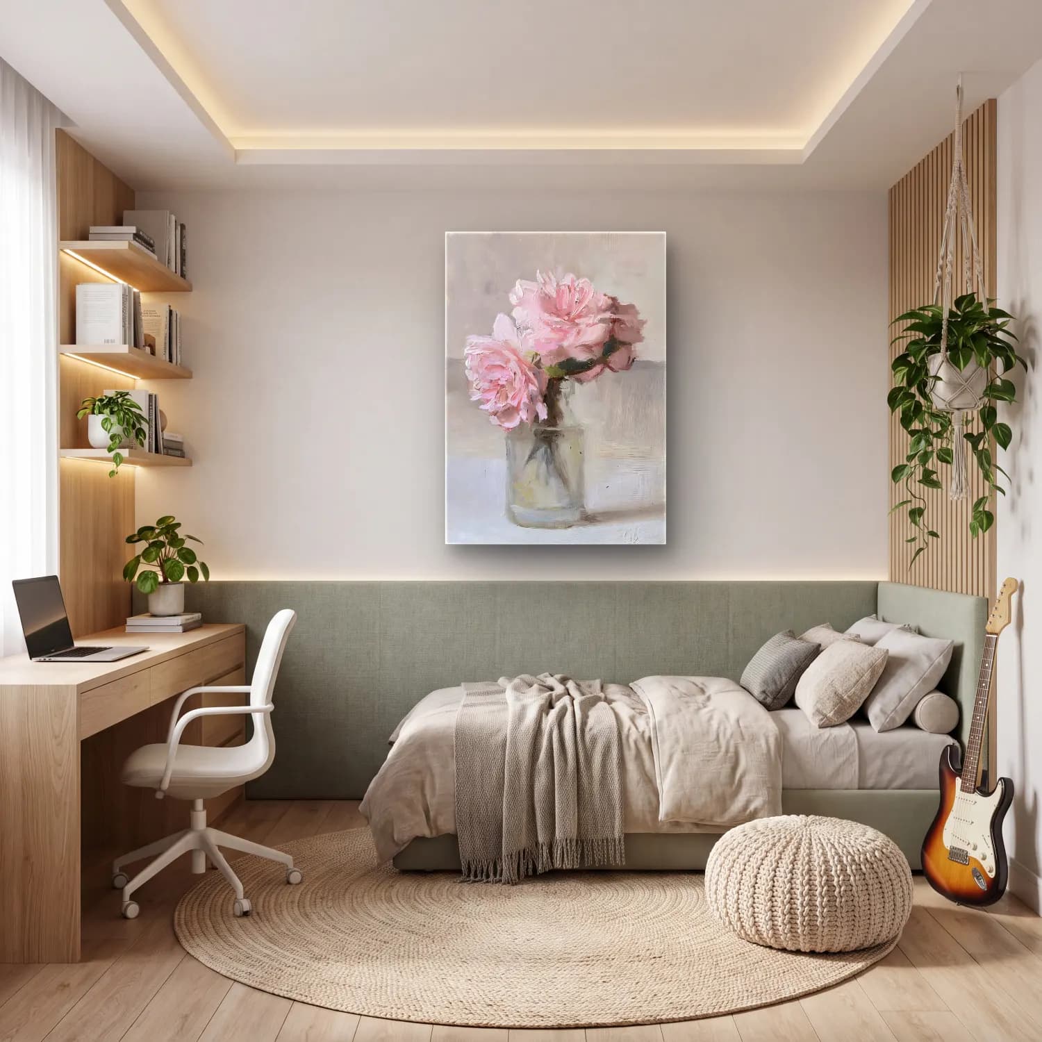 Yağlı Boya Pembe Şakayıklar No. 16 cam tablo — genç odasında