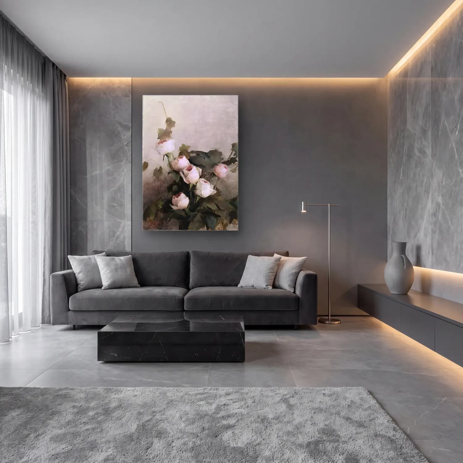 Yağlı Boya Güller No. 50 cam tablo — lüks salon duvarında