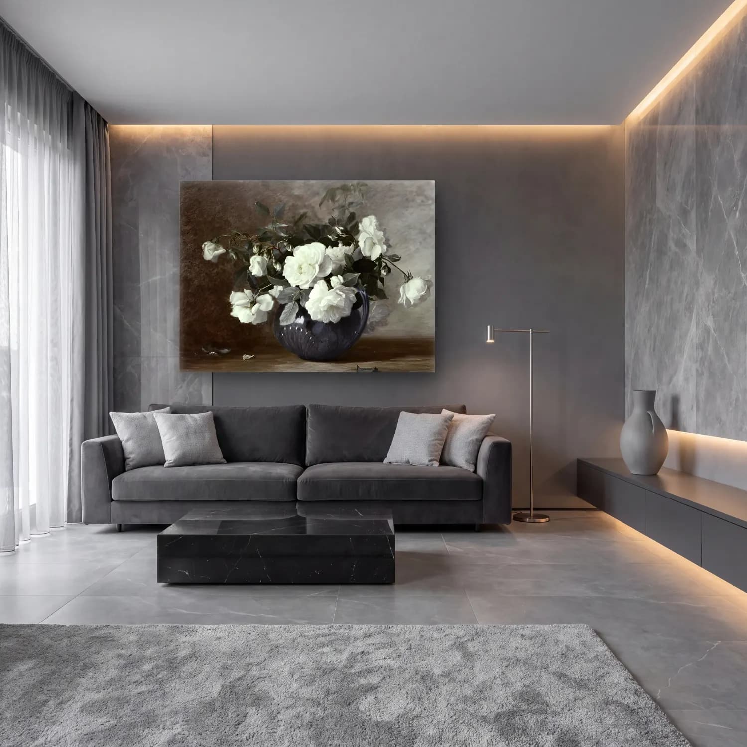 Yağlı Boya Güller No. 52 cam tablo — lüks salon duvarında