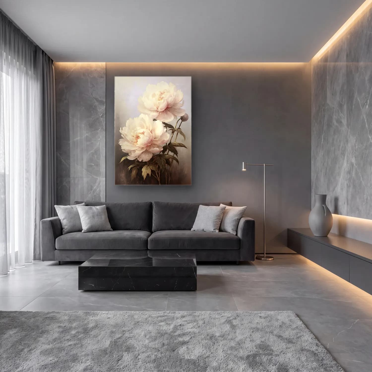 Yağlı Boya Pembe Şakayıklar No. 17 cam tablo — lüks salon duvarında