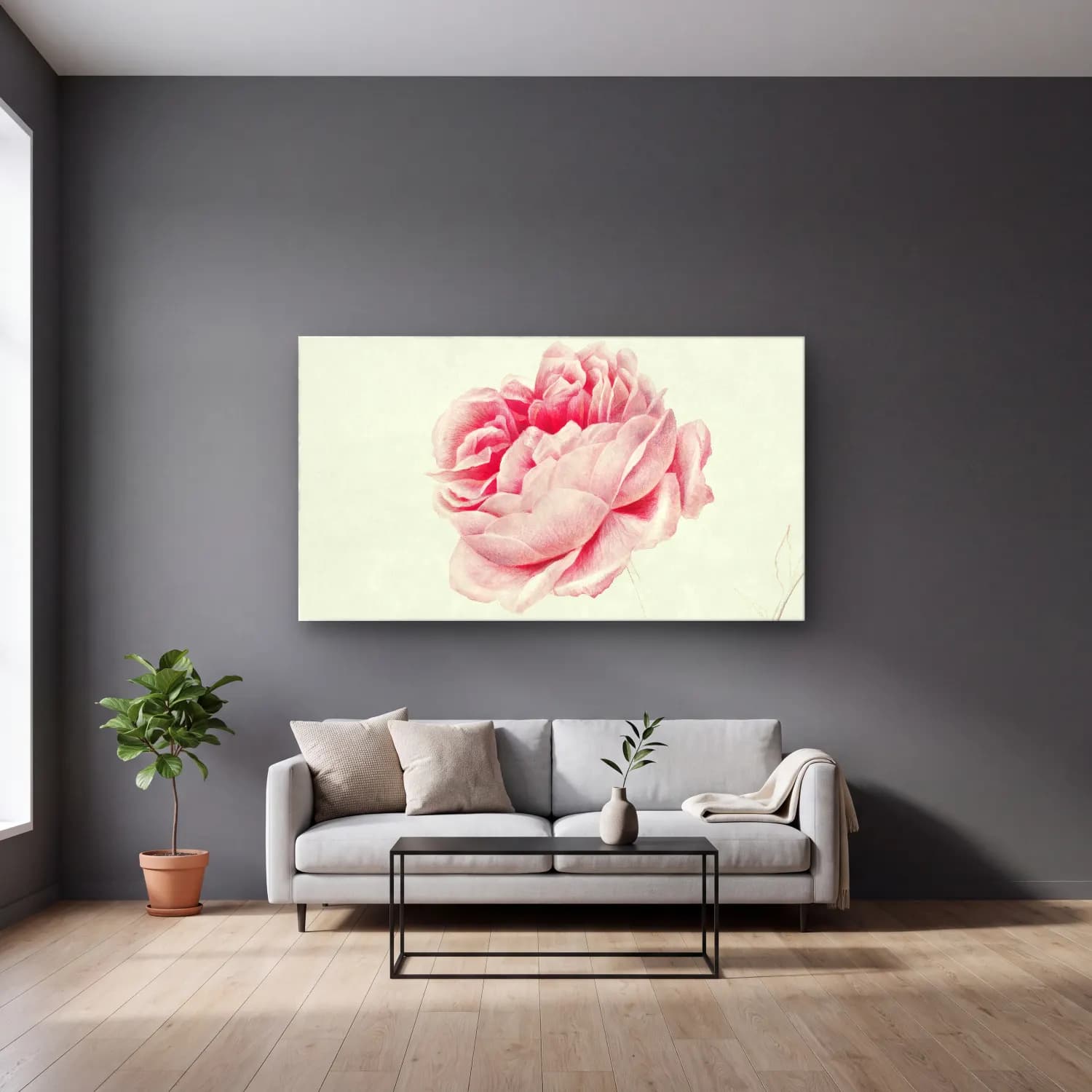 Botanik İllüstrasyon Pembe Şakayıklar No. 6 cam tablo — gri duvarlı salonda
