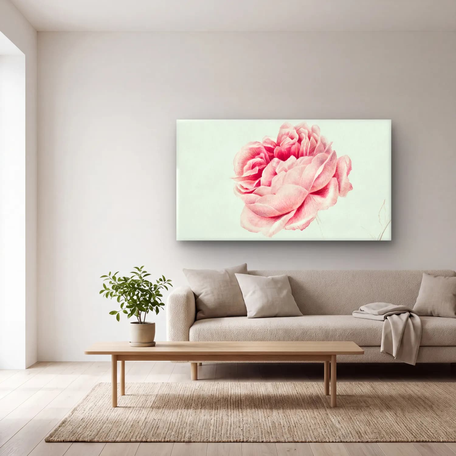 Botanik İllüstrasyon Pembe Şakayıklar No. 6 cam tablo — açık renk salonda