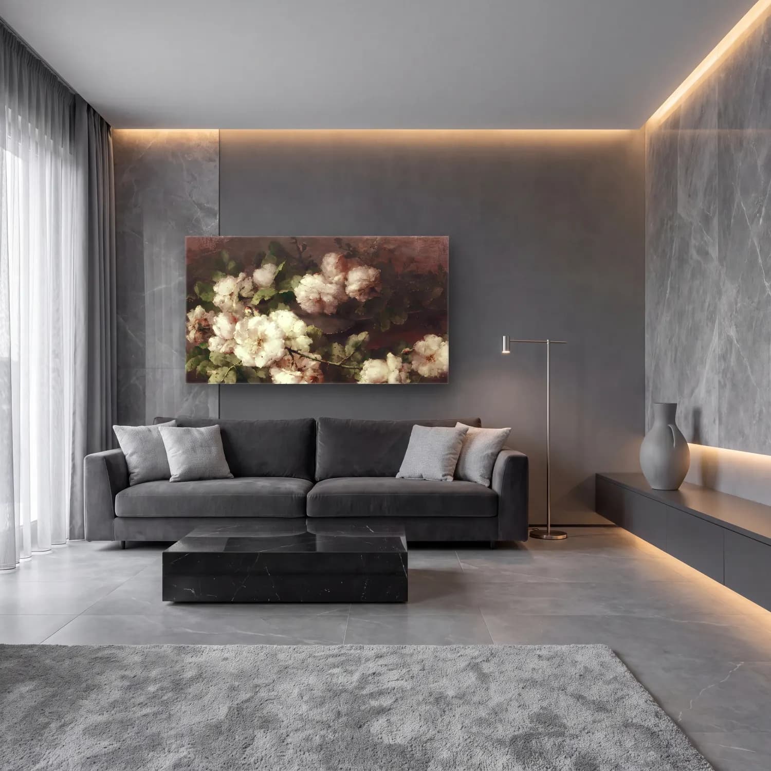 Yağlı Boya Güller No. 56 cam tablo — lüks salon duvarında