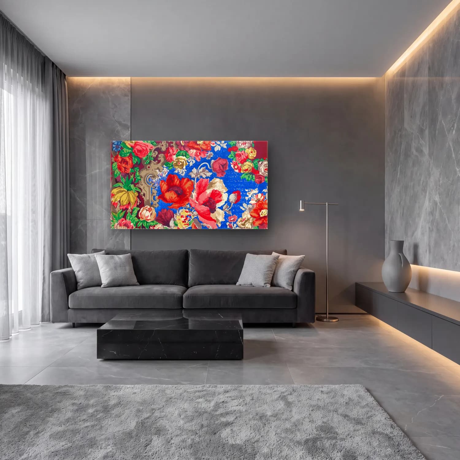 Maksimalist Çiçek Deseni No. 31 cam tablo — lüks salon duvarında