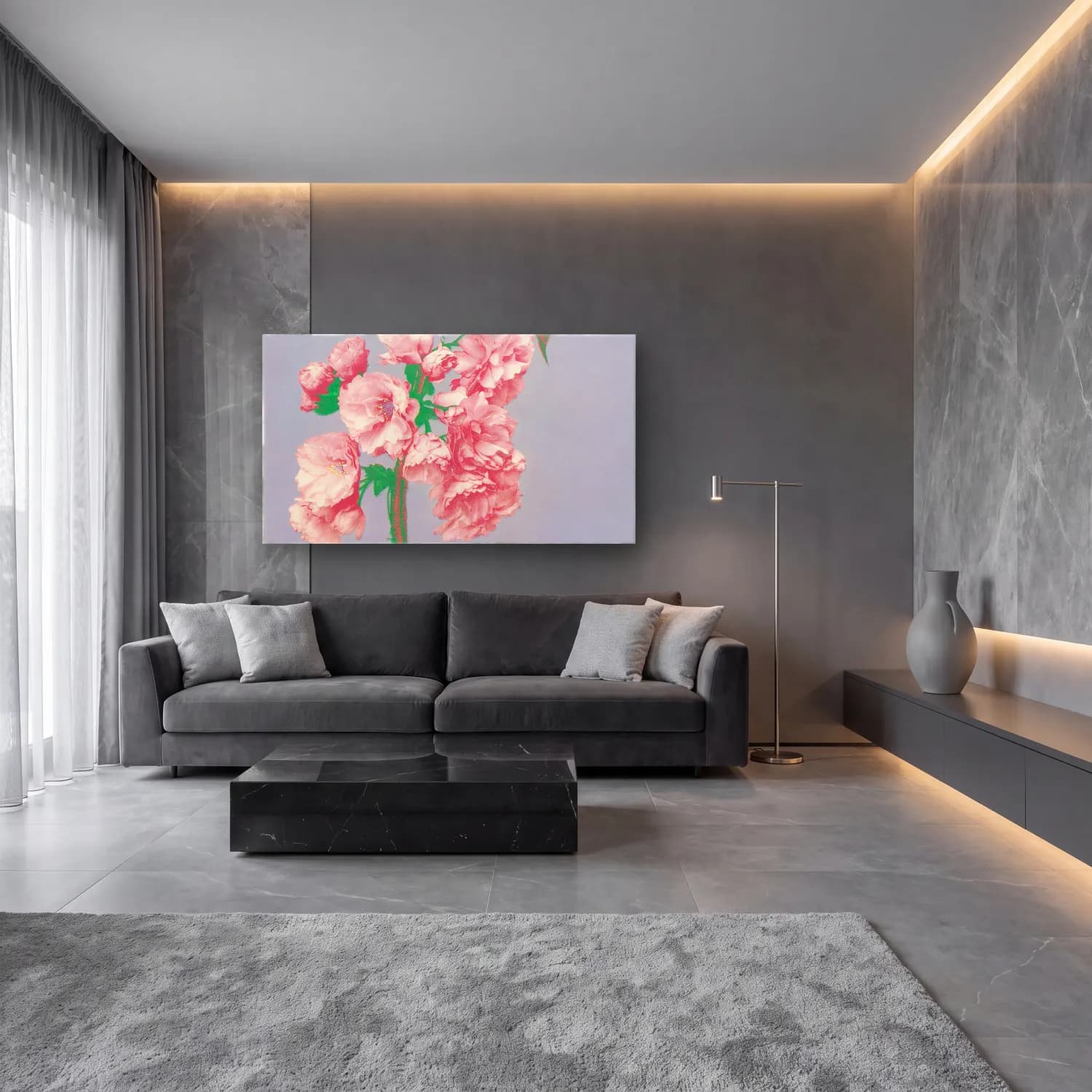 Pastel Pembe Şakayıklar No. 7 cam tablo — lüks salon duvarında