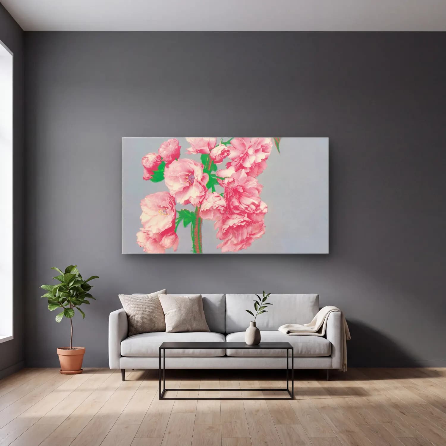Pastel Pembe Şakayıklar No. 7 cam tablo — gri duvarlı salonda