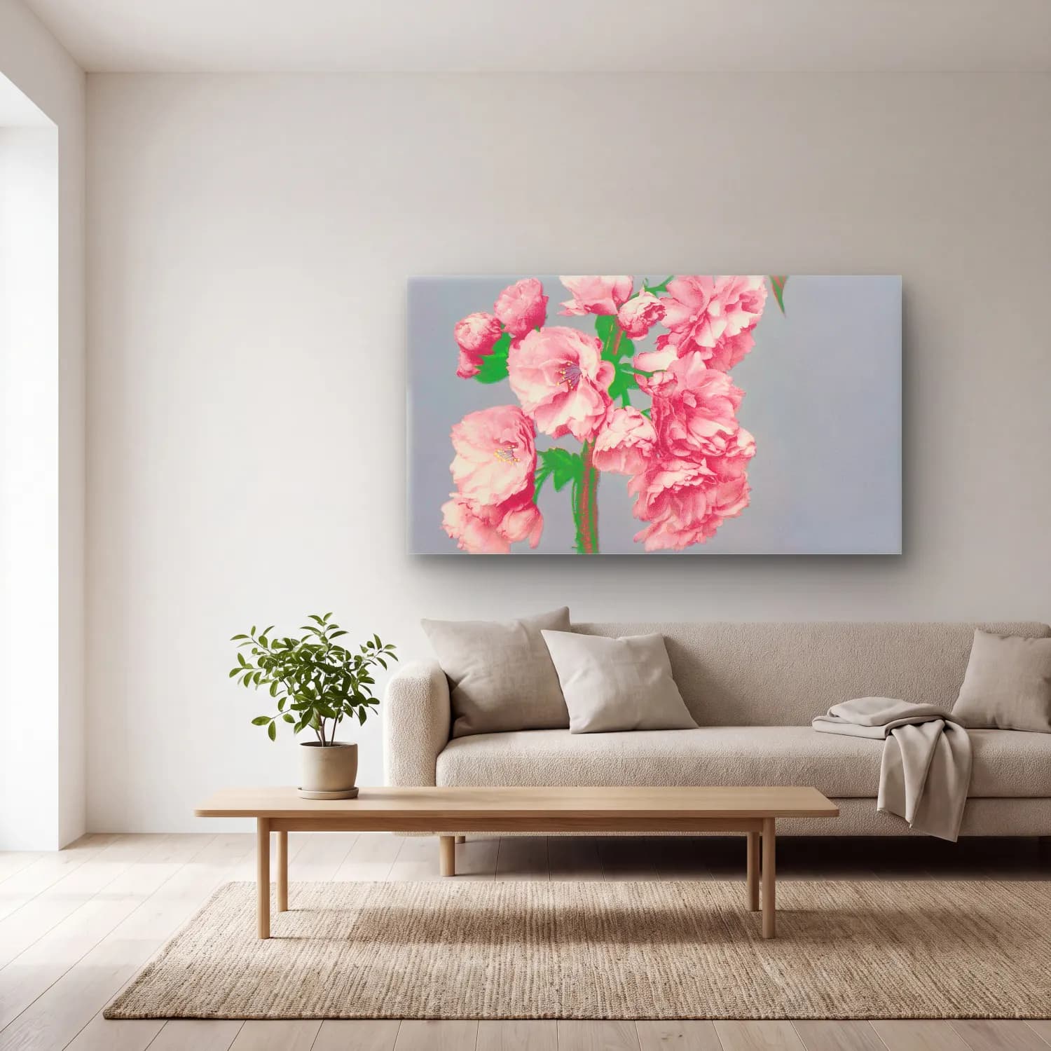 Pastel Pembe Şakayıklar No. 7 cam tablo — açık renk salonda
