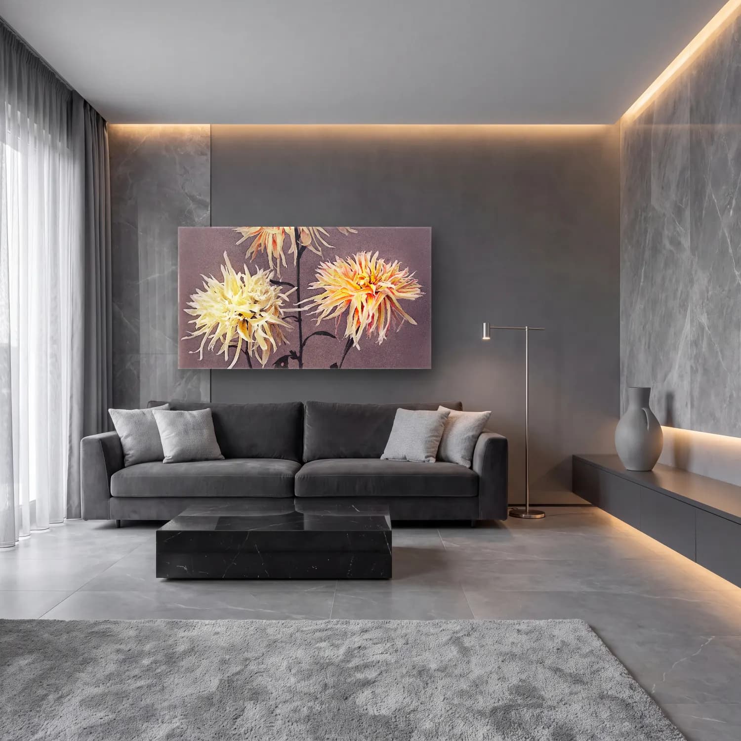 Botanik İllüstrasyon Çiçek Deseni – Pastel Tonlar cam tablo — lüks salon duvarında
