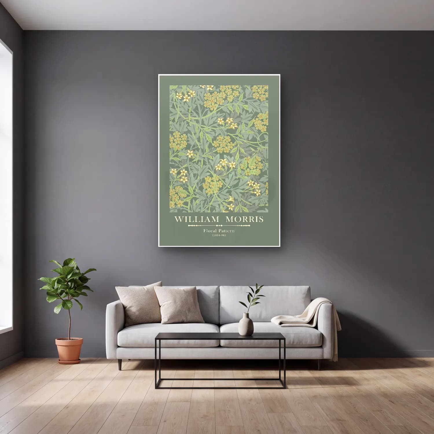Botanik İllüstrasyon Çiçek Deseni No. 125 cam tablo — gri duvarlı salonda