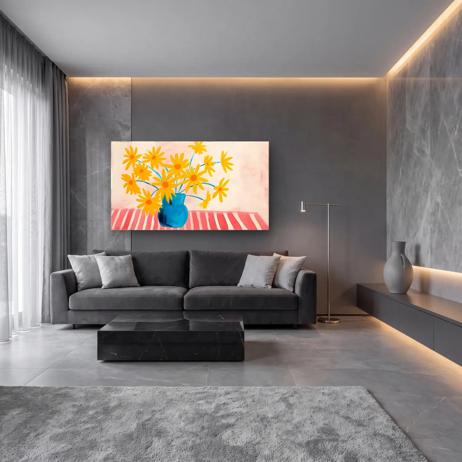 Pastel Papatyalar No. 19 cam tablo — lüks salon duvarında