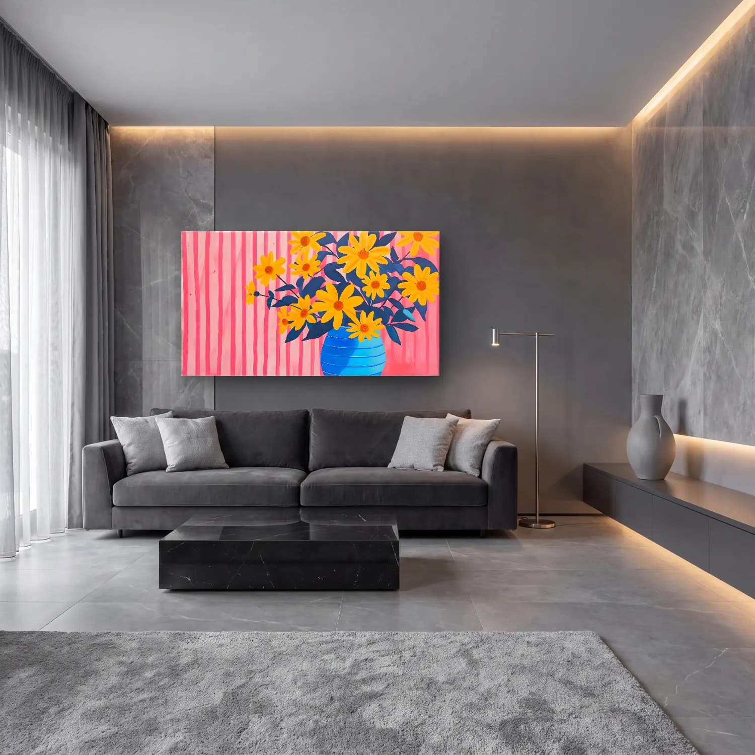 Pastel Papatyalar No. 20 cam tablo — lüks salon duvarında