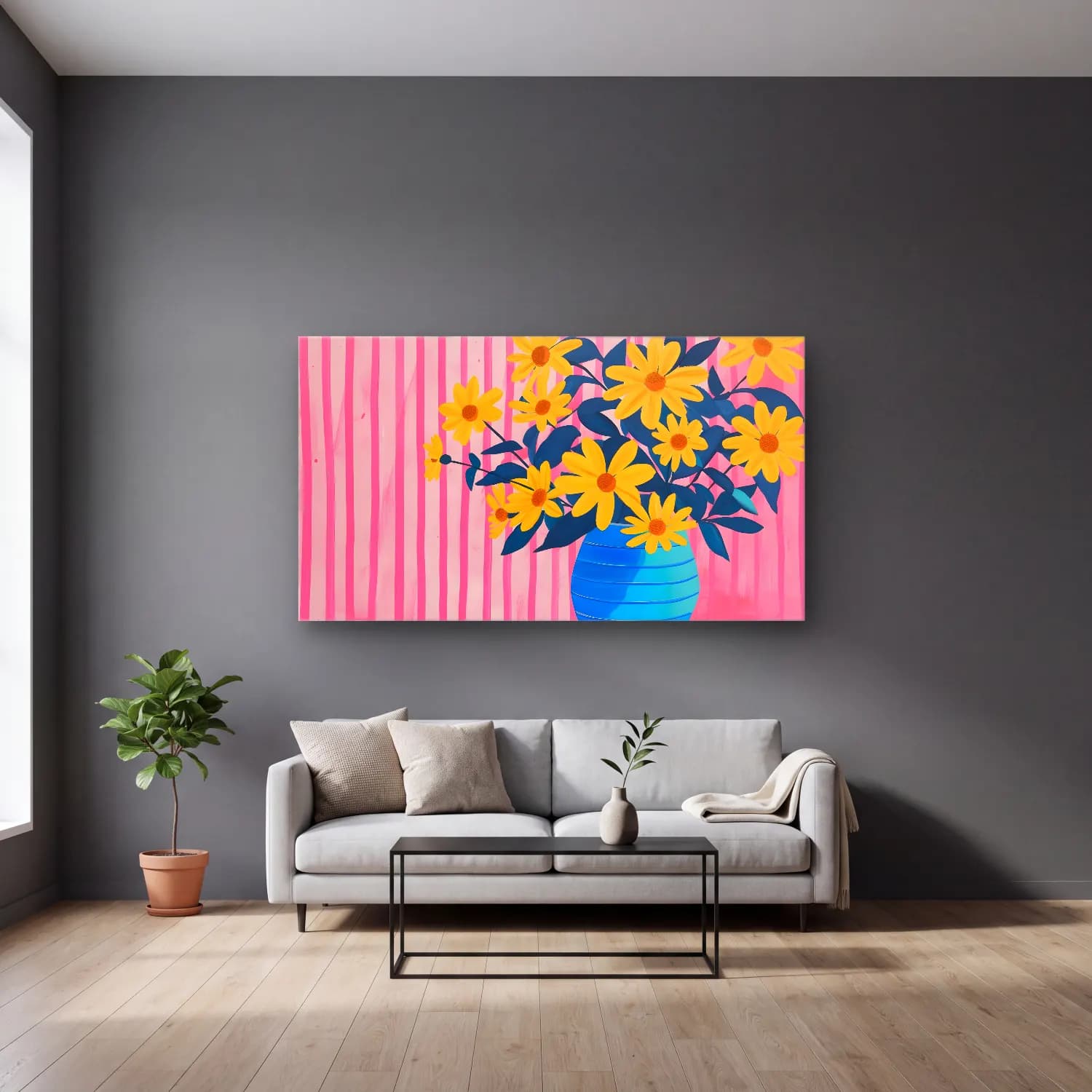 Pastel Papatyalar No. 20 cam tablo — gri duvarlı salonda