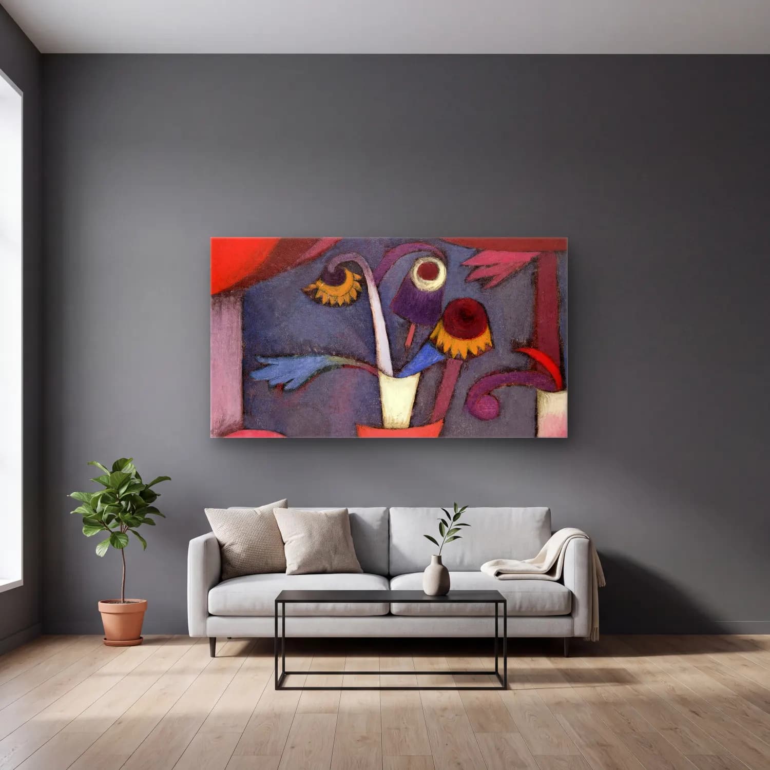 Paul Klee – Autumn Flower – Mor Tonlar cam tablo — gri duvarlı salonda