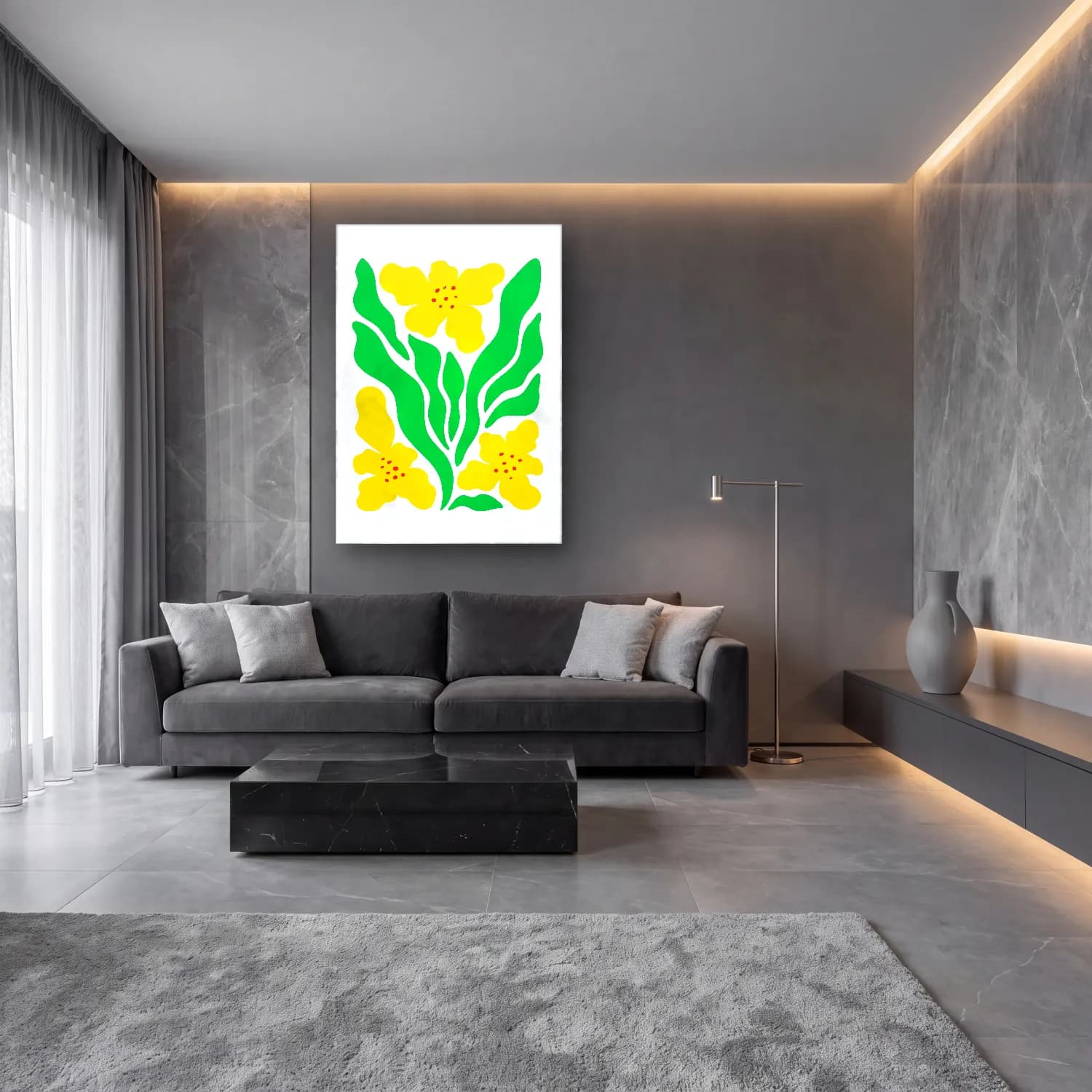 Boho Çiçek Deseni No. 71 cam tablo — lüks salon duvarında