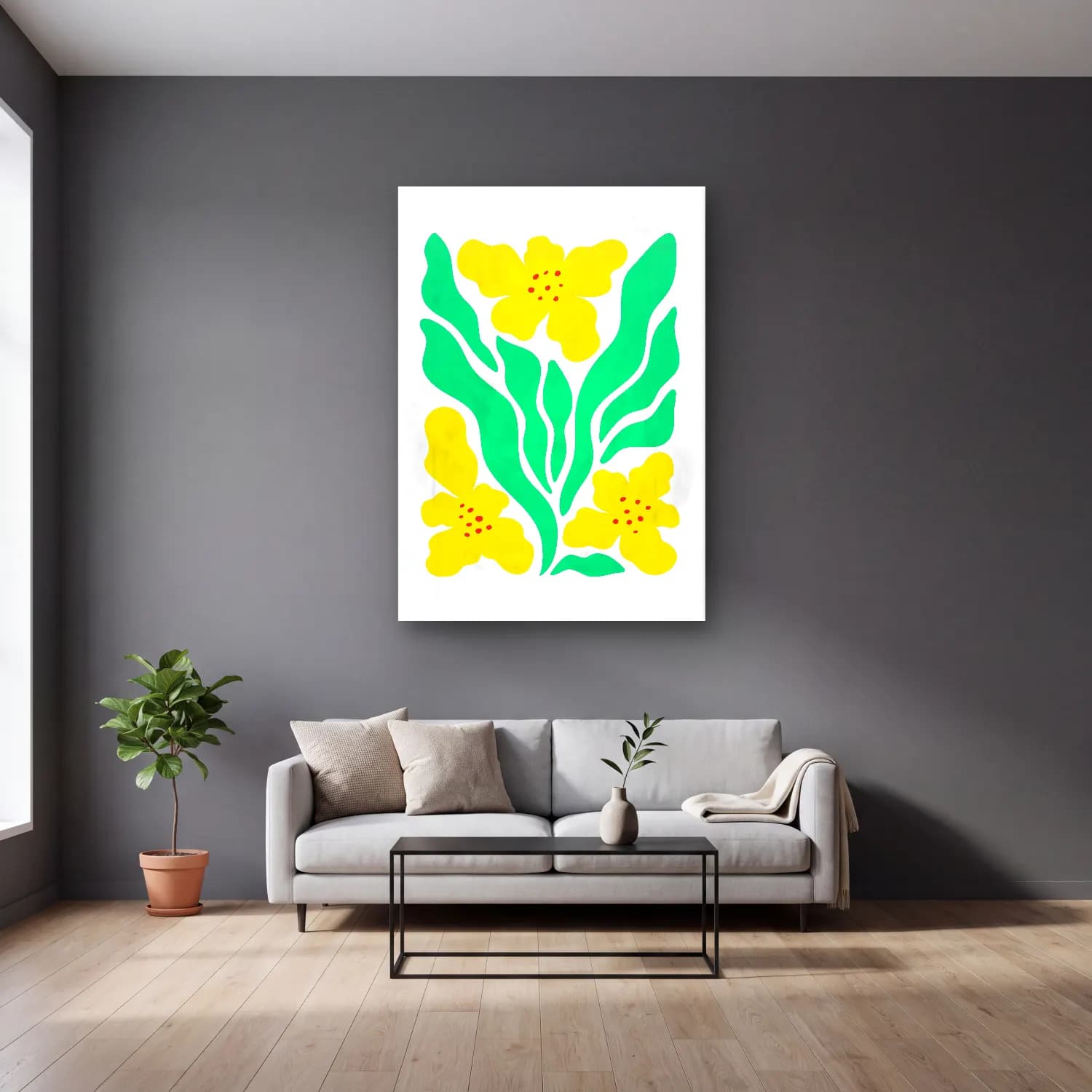 Boho Çiçek Deseni No. 71 cam tablo — gri duvarlı salonda