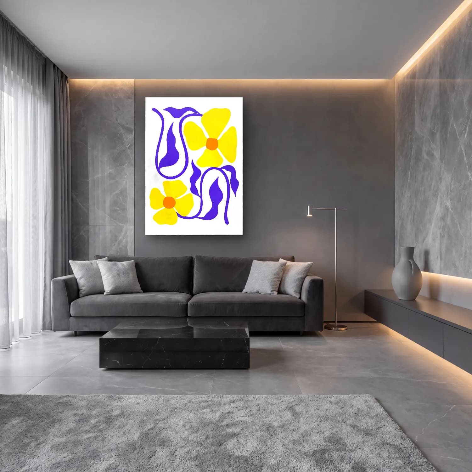 Retro Çiçek Deseni No. 169 cam tablo — lüks salon duvarında