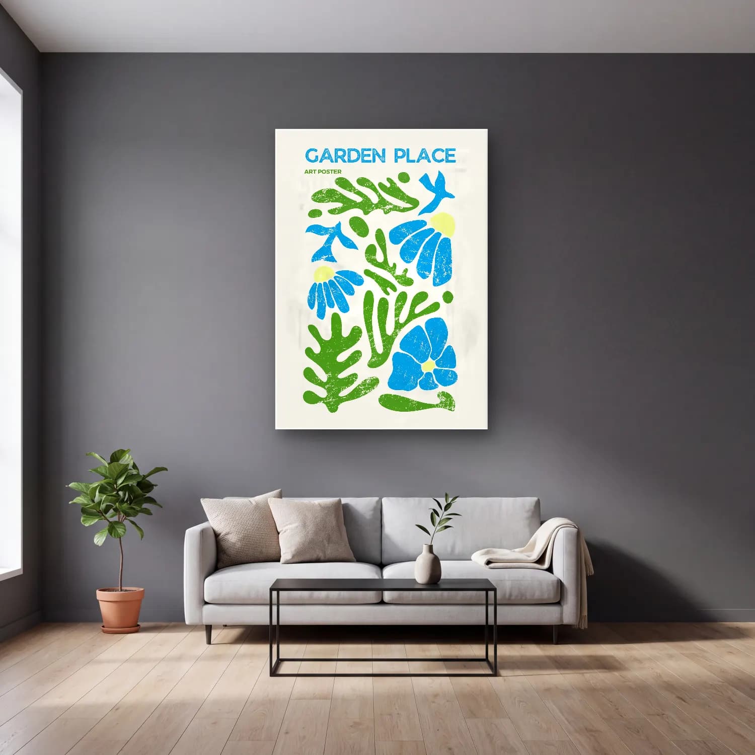 Vintage Poster Çiçek Deseni No. 5 cam tablo — gri duvarlı salonda