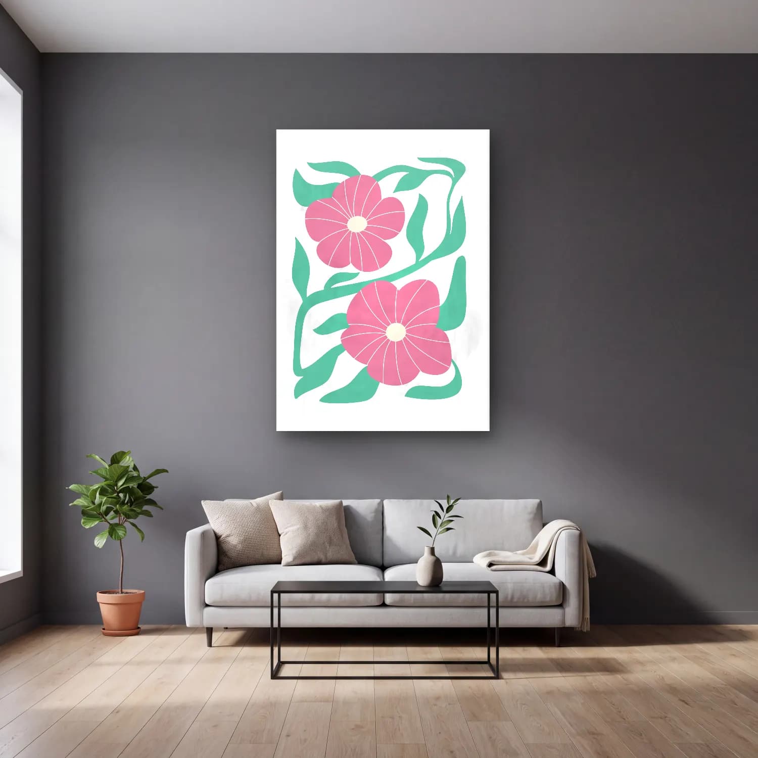 Pastel Çiçek Deseni No. 193 cam tablo — gri duvarlı salonda