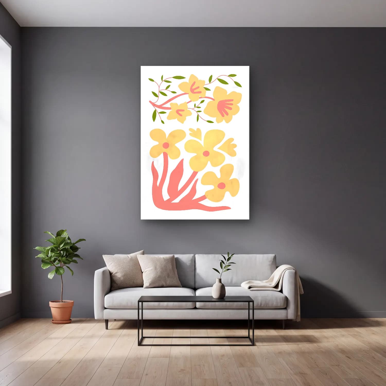 Pastel Çiçek Deseni No. 194 cam tablo — gri duvarlı salonda