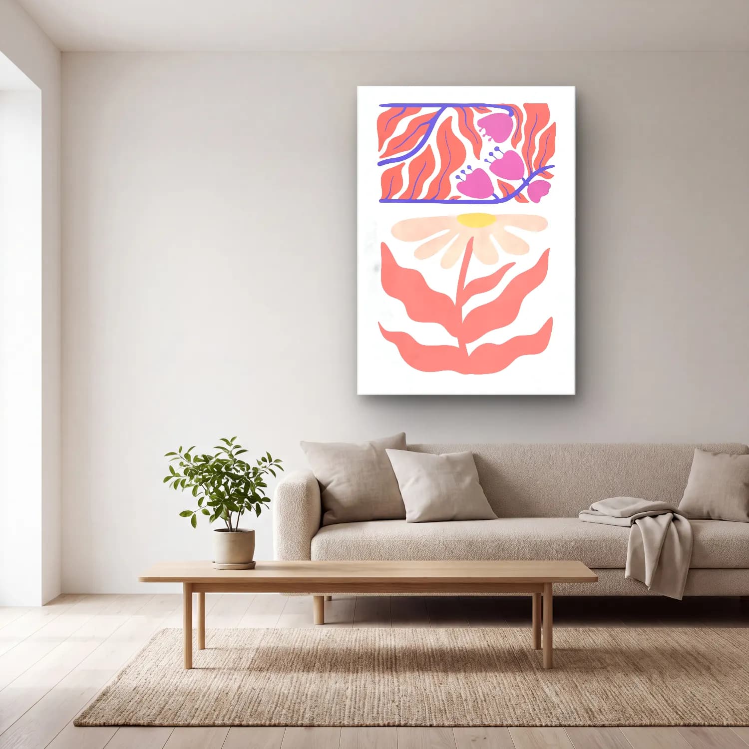 Boho Çiçek Deseni No. 74 cam tablo — açık renk salonda