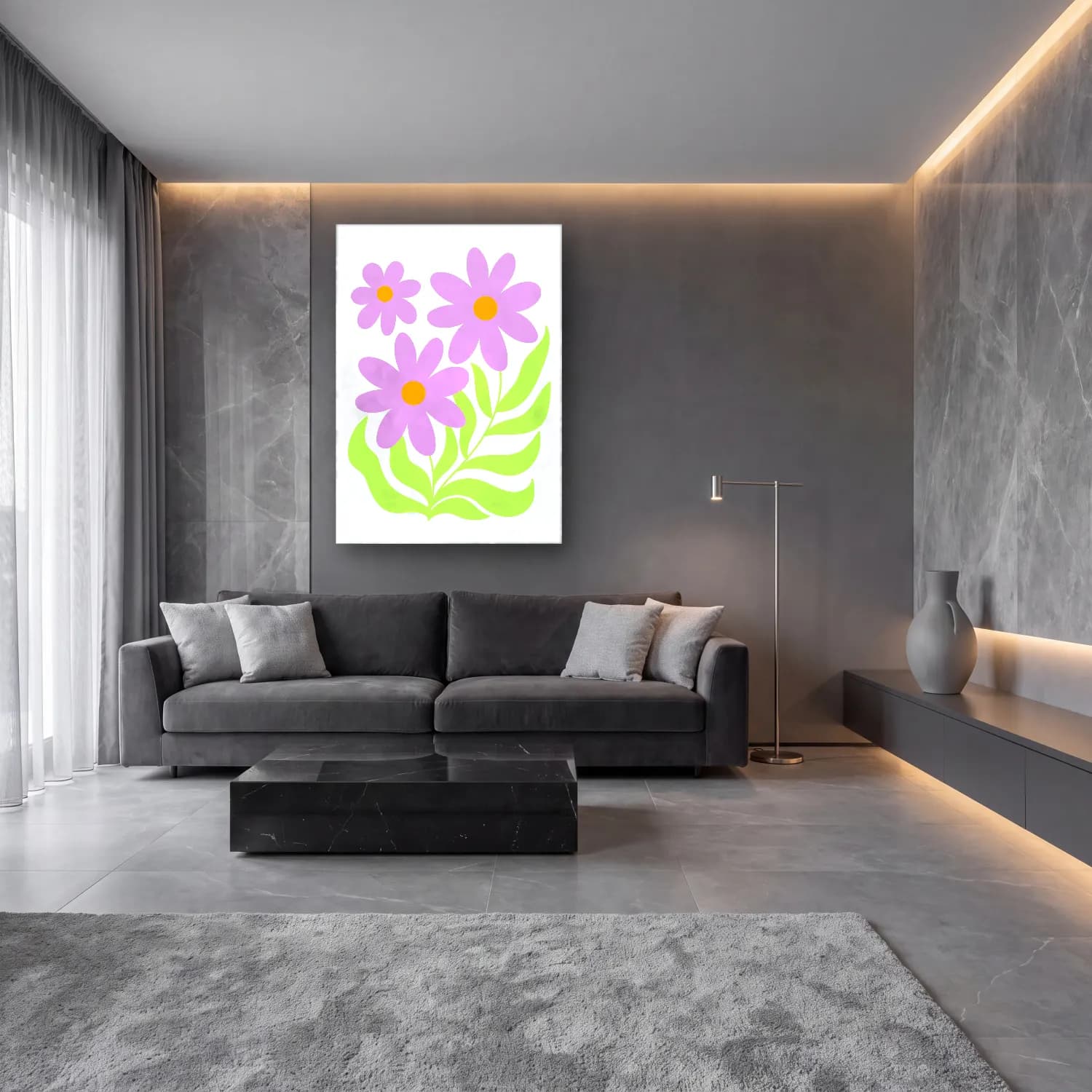 Pastel Çiçek Deseni No. 196 cam tablo — lüks salon duvarında