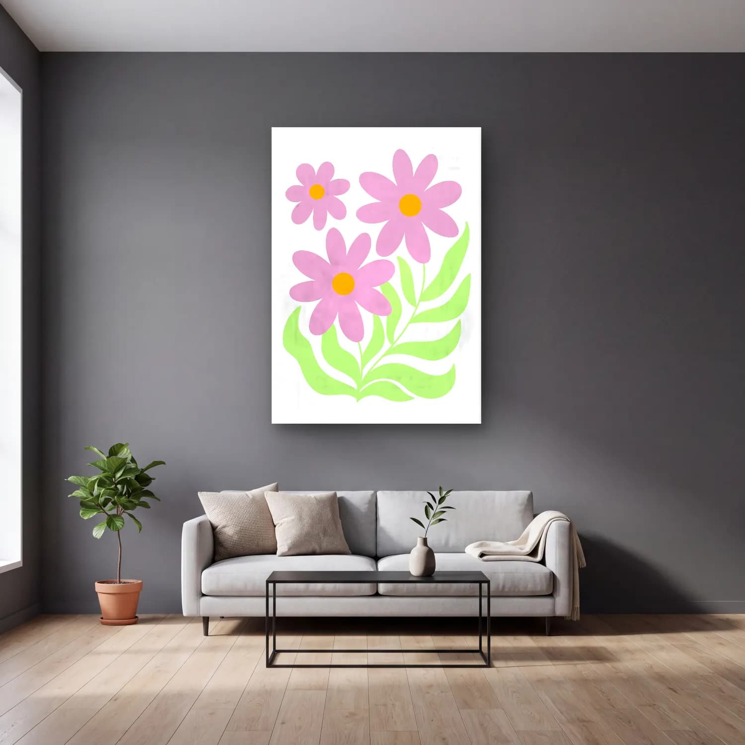 Pastel Çiçek Deseni No. 196 cam tablo — gri duvarlı salonda