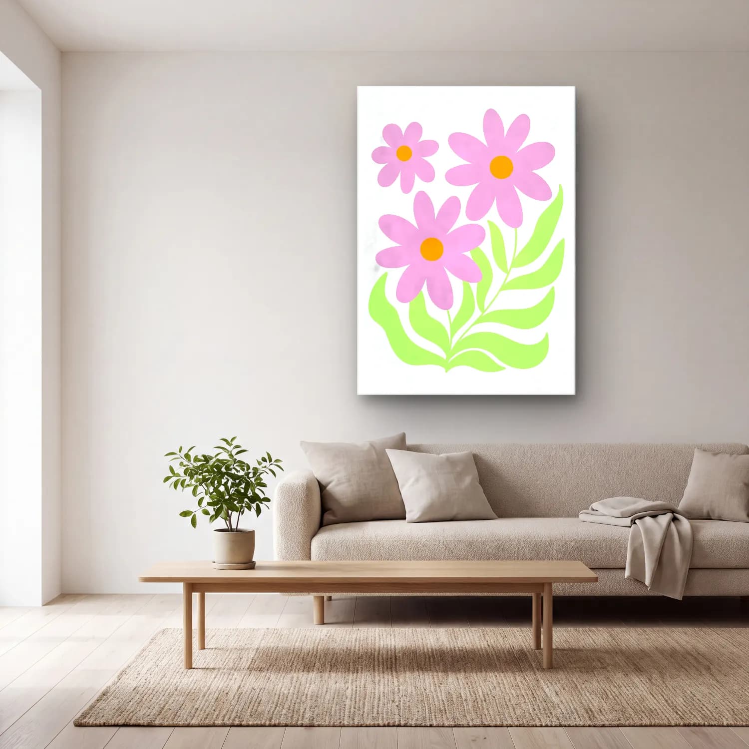 Pastel Çiçek Deseni No. 196 cam tablo — açık renk salonda