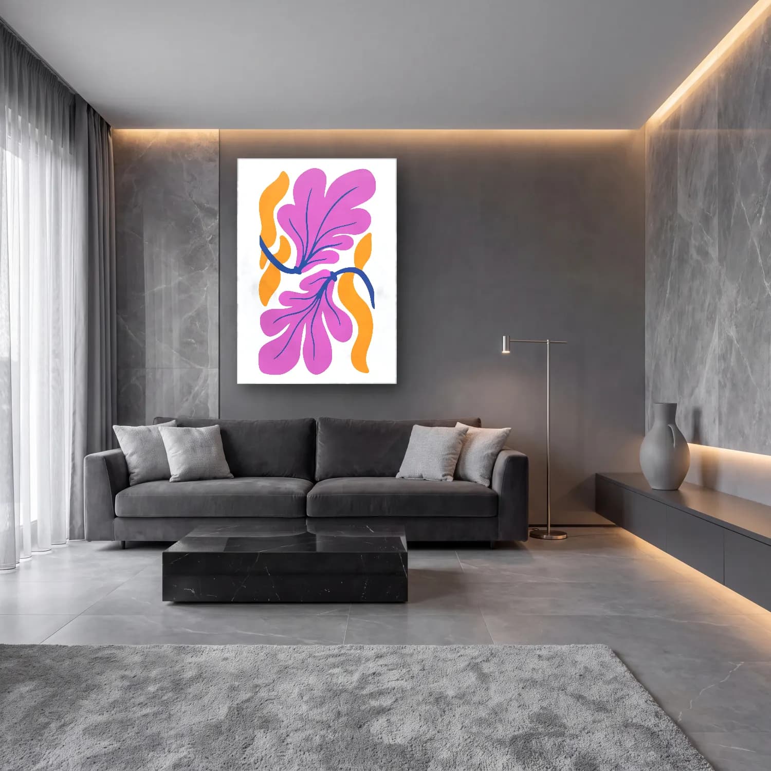 Boho Çiçek Deseni No. 75 cam tablo — lüks salon duvarında